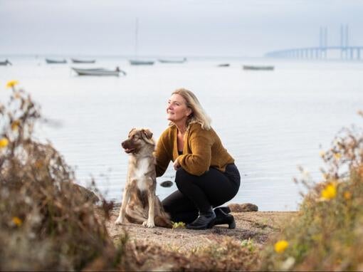 Kvinde sidder med hund ved Øresundsbroen